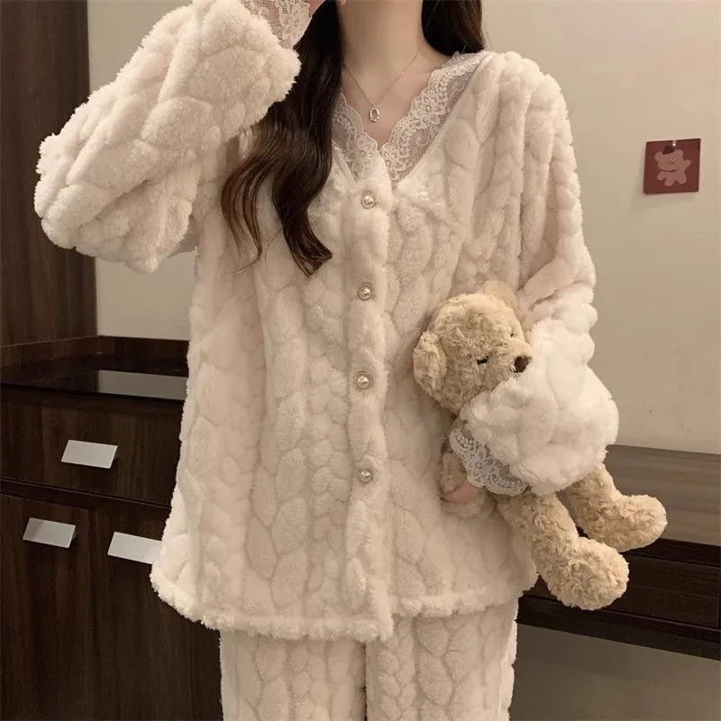 Autumn and winter small fragrant coral velvet pajamas women's V-neck lace flannel and velvet thickened plus-size home wear
