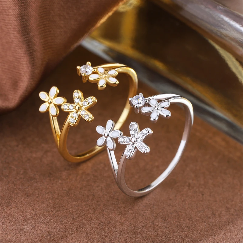 

925 Sterling Silver Elegant Cherry Blossom Ring for Women Romantic Bride Wedding Zircon Flowers Opening Ring Sweet Jewelry Gift