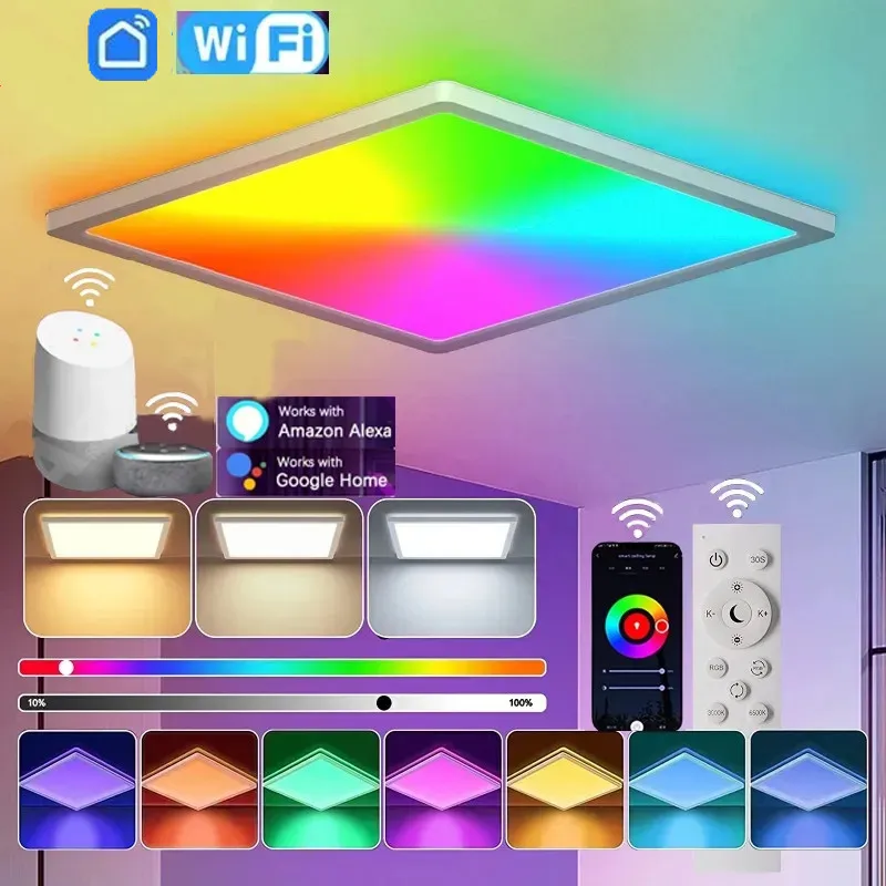 24W Square Smart WiFi LED Panel Ceiling Light Dimmable RGB Ceiling Lamp with Remote Control For Living Room Bedroom Decor Light led light led ceiling light led panel