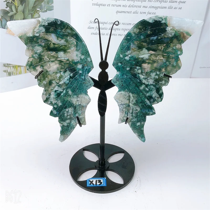 

Natural Moss Agate Butterfly Wings Carving Sculpture Quartz Healing Energy Gemstone Crafts For Home Decoration 1pair