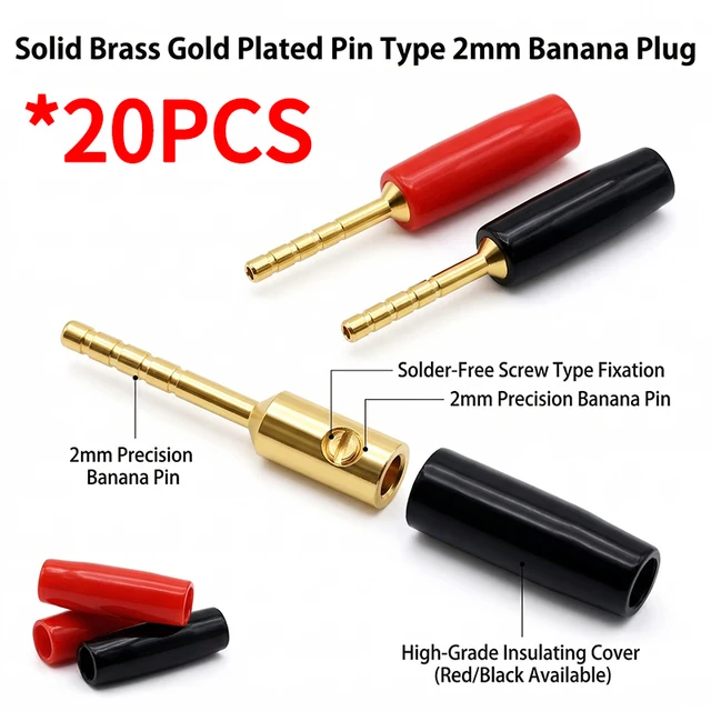 20PCS 2mm Gold Plated Screw Type Small Banana Plug Pin Audio Speaker Cable Connector Copper Straight Male Connector 1