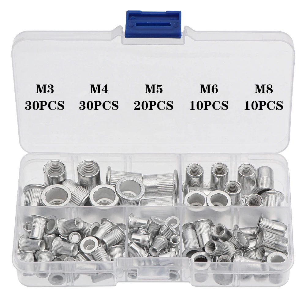 Aluminum Flat Head Rivet Nuts Set M3 M4 M5 M6 M8 Rivet Nuts Insert Rivets Mix Size 100Pcs