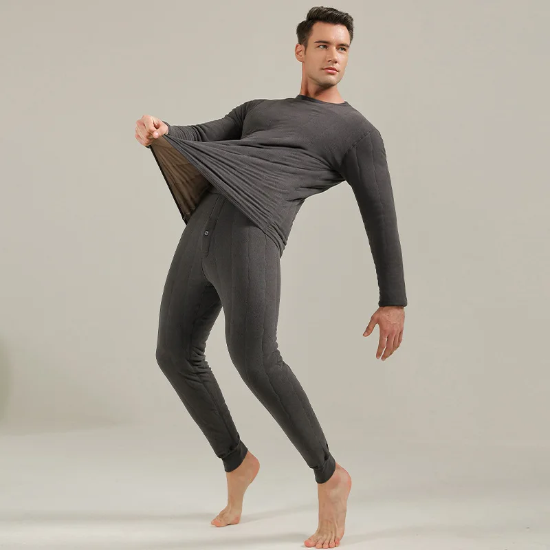 2023 Winter Wool Warm Underwear Quality Minimalist Designer Men's Plush Thickened High Elastic Solid Round Neck Cotton Clip Set