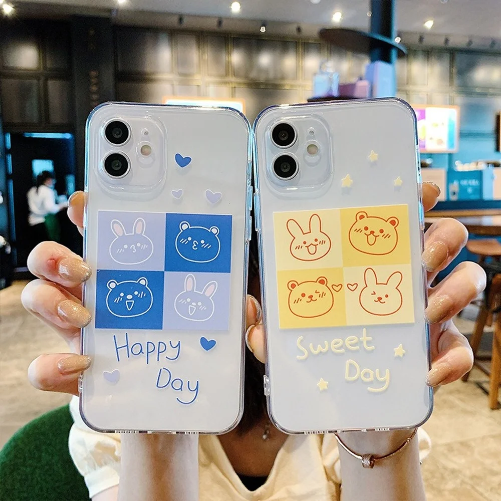 

Cute Rabbit Phone Case For iPhone13 12 11 Pro Max Mini XR XS X 6 6s 7 8 Plus Clear Bear Silicone Soft Shell Lens Protector