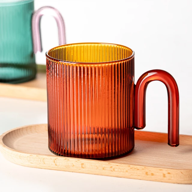 1 Piece 320ml Nordic Ribbed Ripple Glass Mug Two-Tone Clear Teal Pink Amber  Coloured Heat Resistant Glass Coffee Cup with Handle - AliExpress