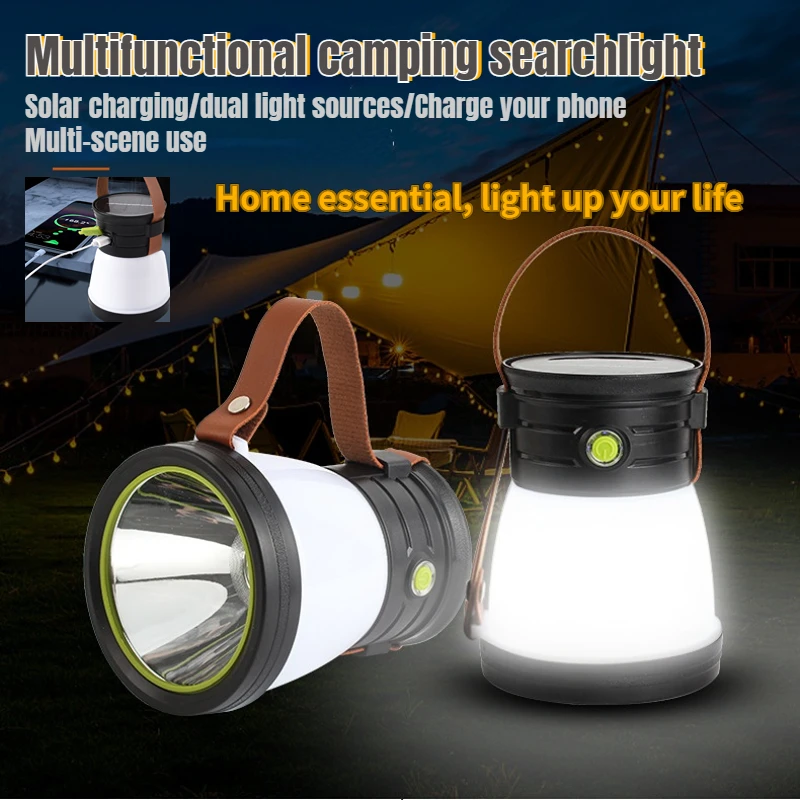 

Solar LED Searchlight Power Bank Flashlight Outdoor Camping Fishing Tent Lantern Lamp Emergency Work Light Rechargeable Light