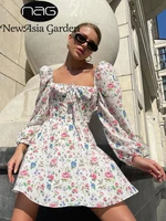 Floral Dress WoLantern Long Sleeve A Line Square Neck Tie up Mini Sexy Chic Summer