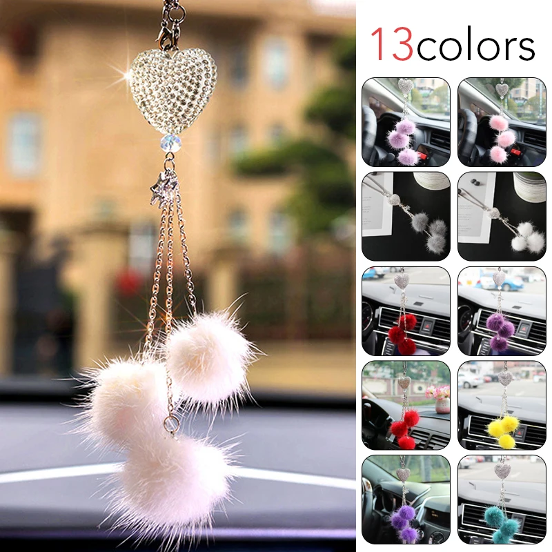 

Fashion Diamond Car Decoration Bling Mink Hair Ball Peach Heart Pendant Ladies Car Rearview Mirror Pendant Interior Supplies