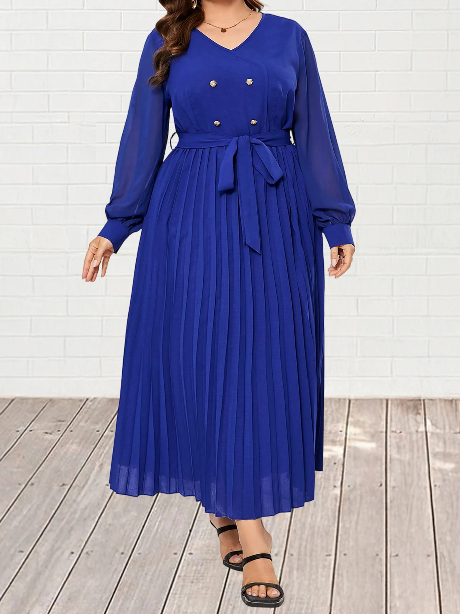 Elegant Floral Print Maxi Dress with Belted Waist and Ruffle Detailing Chic V Neck Long Sleeve Plus Size Dress for Women