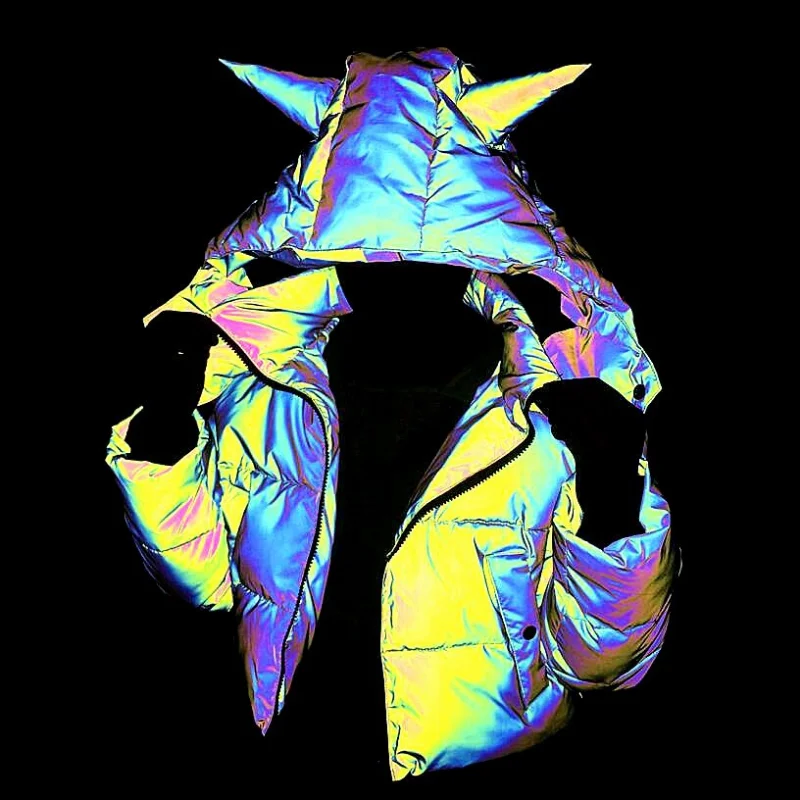 New Long-sleeved Short Hooded Colorful Reflective Cotton Clothing Women's Fashion Luminous Cotton Clothing