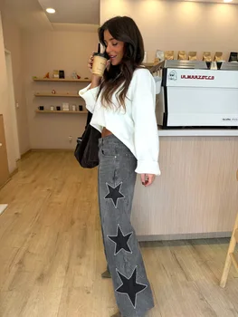 2026 New Fashion Printed Zipper Wide Leg Pants Women Spring Casual Loose Five-pointed Star Denim Trousers For Women