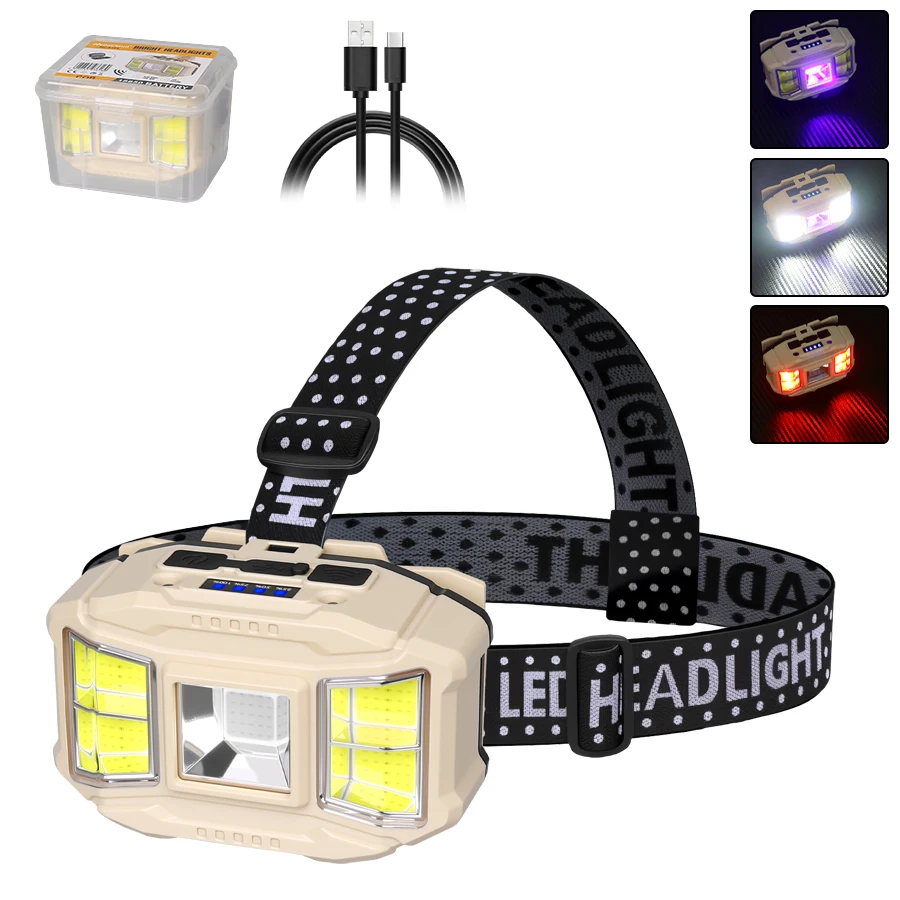 مصباح رأس LED قوي قابل لإعادة الشحن عبر USB، كشاف مقاوم للماء، إضاءة للتخييم والصيد والتعدين