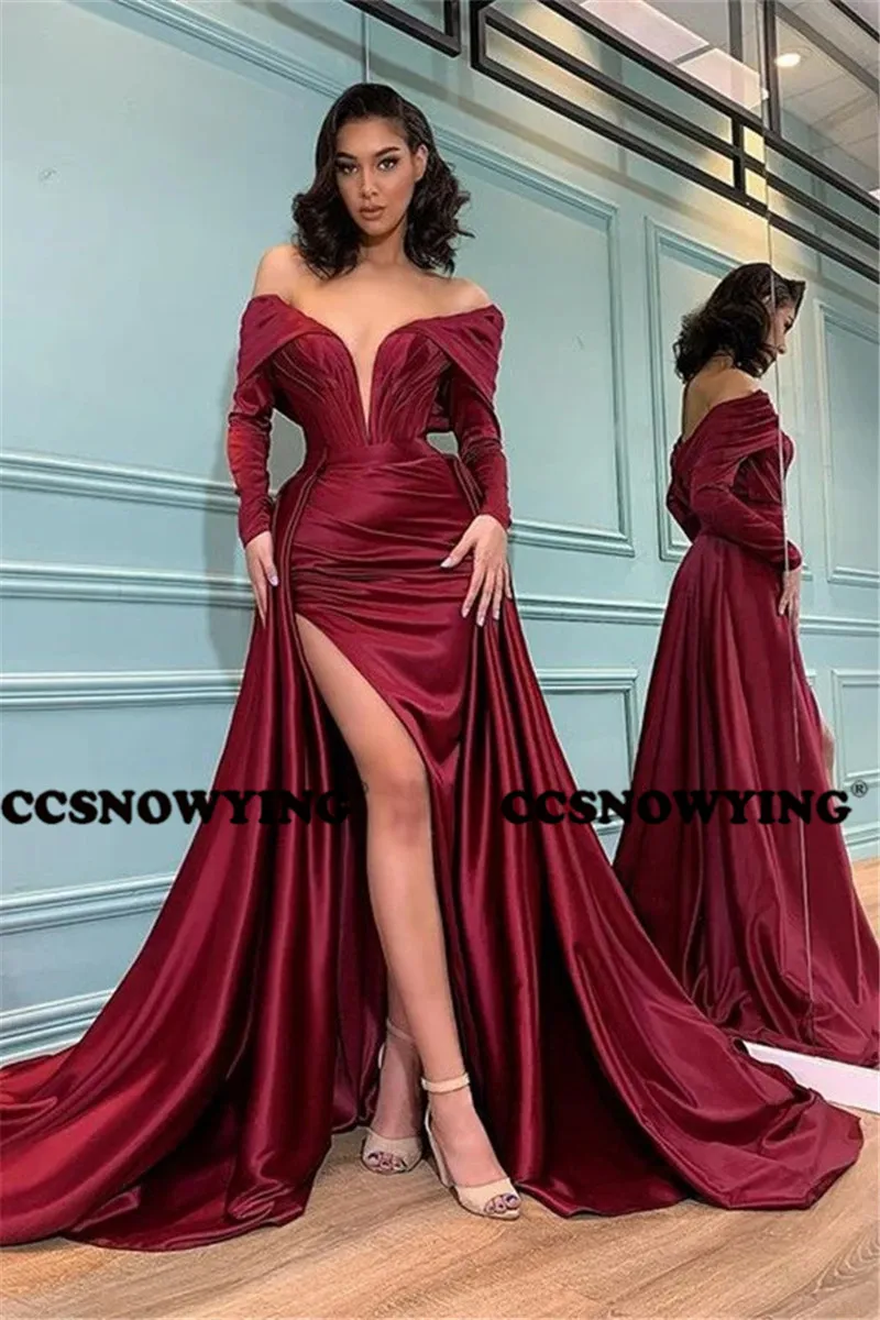

Burgundy Satin Long Sleeve Evening Dresses Off Shoulder Prom Dress with Slit Sexy Formal Party Gown Robes De Soirée
