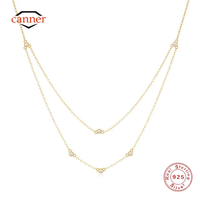CANNER 925 Sterling Silver Double Layered Superimposition Zircon Necklace For Women 18K Gold Ins Necklace Fine Jewelry Gift 1