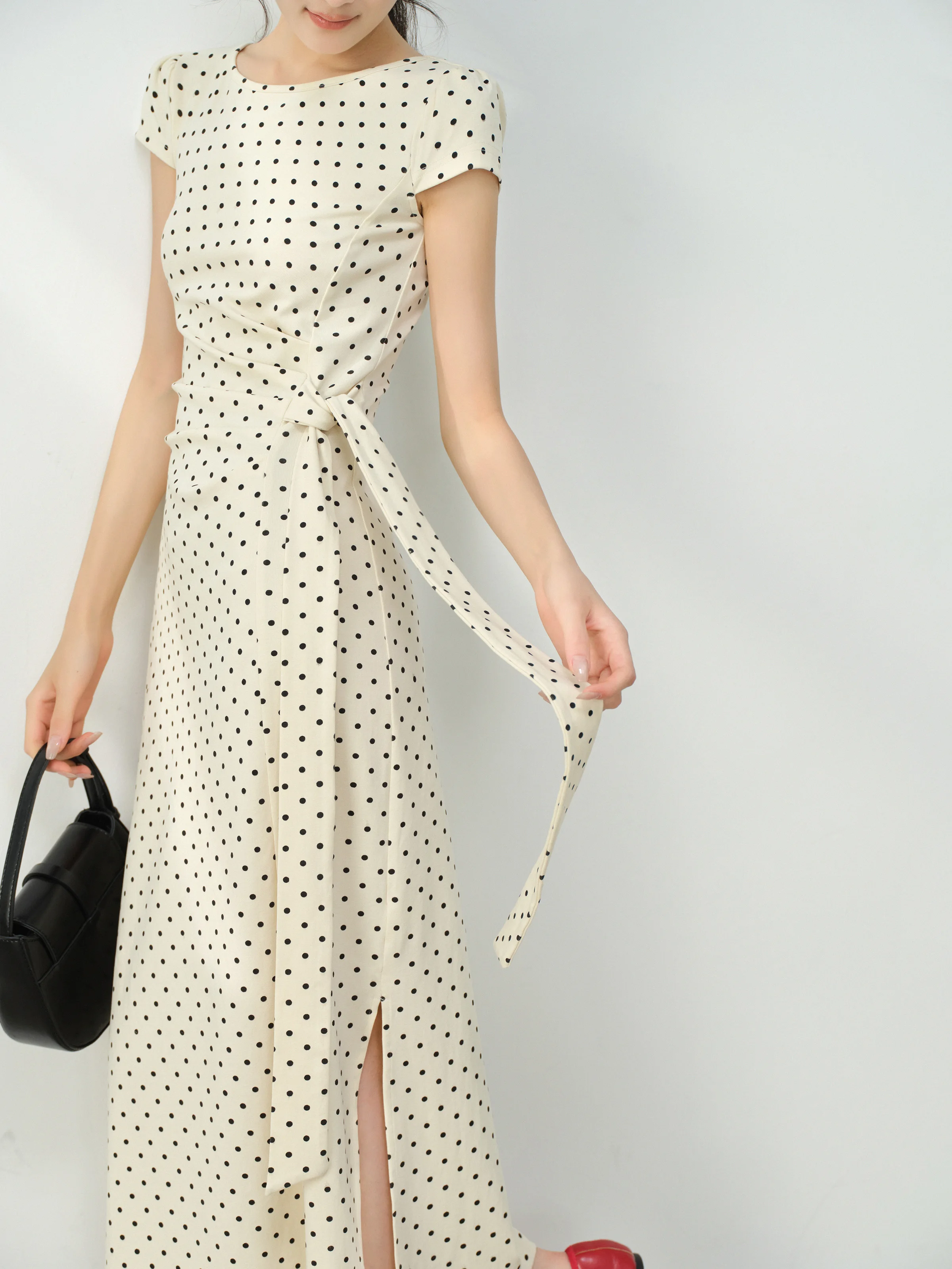 Elegant Vintage Polka Dot Midi Dress Women Summer Tie Waist
