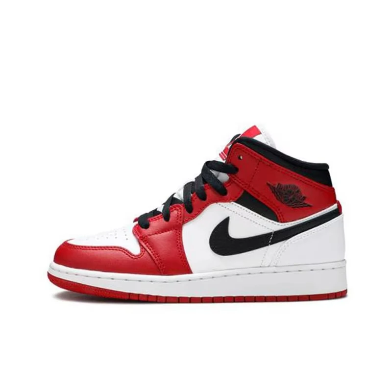 Women Basketball Shoes Original Air Jordan 1 Mid 'Chicago' Red and White GS Size Retro Classic Sneakers 554725-173