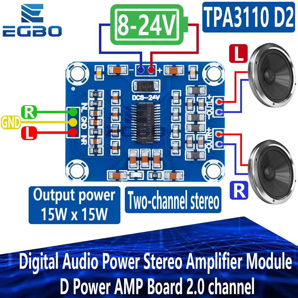 1~10PCS DC8V-24V 2X15W Digitales Audio-Stereo-Verstärkermodul TPA3110 12V Class D Leistungsverstärkerplatine 2.0 Kanal