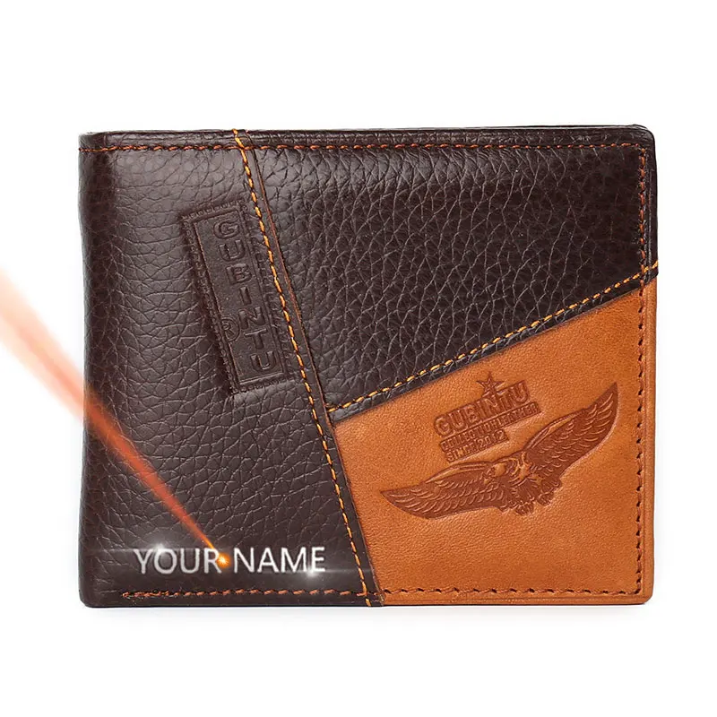 Genuine Leather Men Wallets Coin Pocket Zipper Name