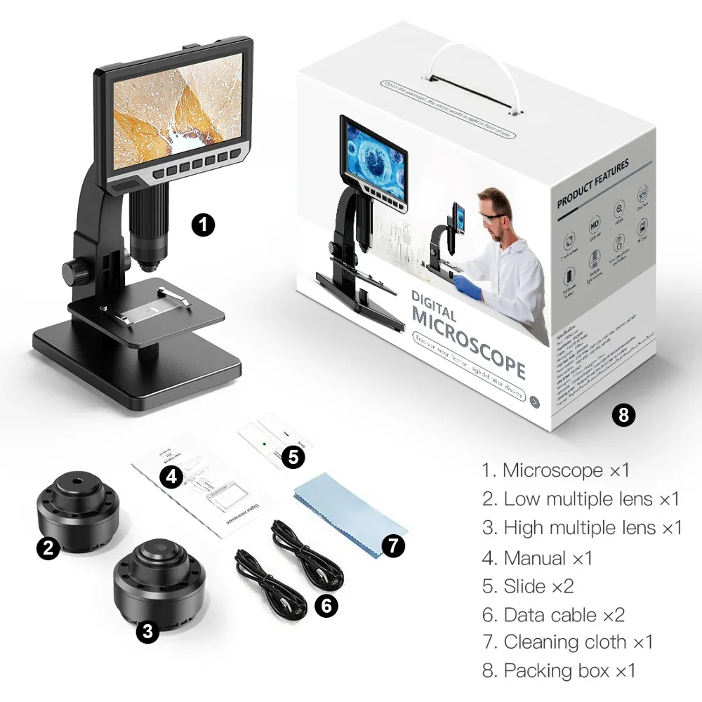 HD 7인치 IPS 디스플레이 디지털 현미경 500X 2000X USB 산업용 연속 증폭 돋보기(PCB, 세포, 곤충용)