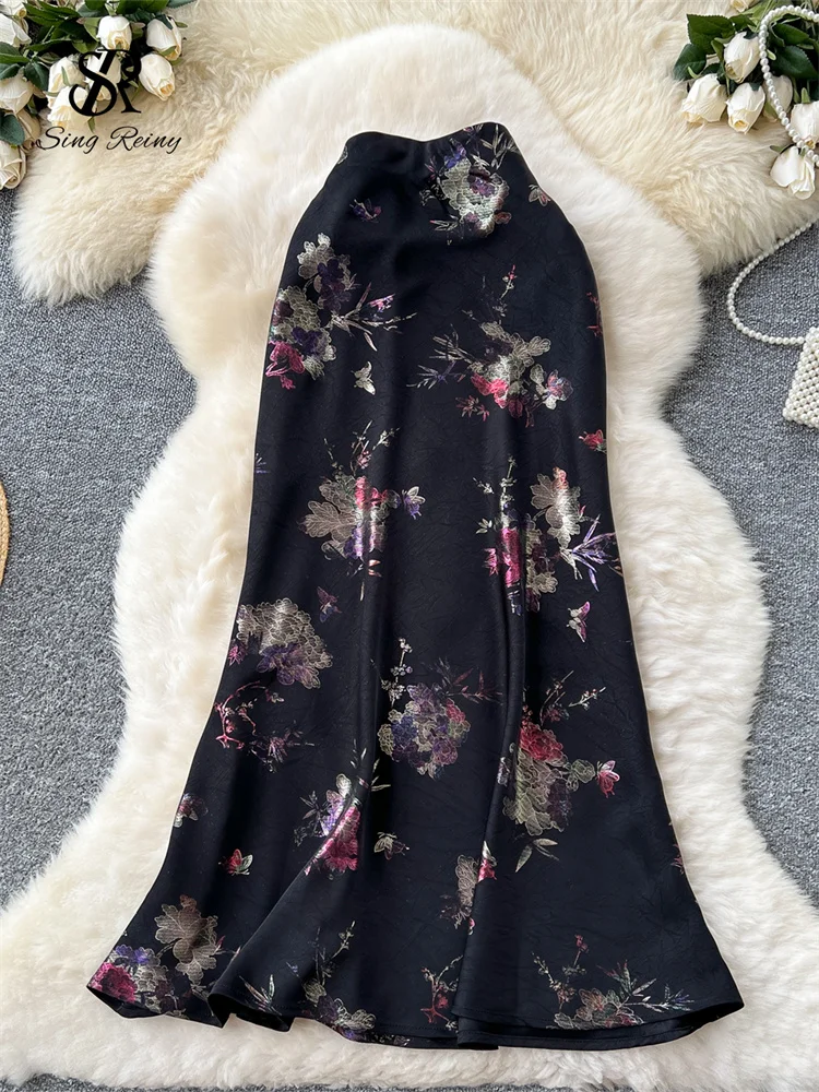 SINGREINY Senior Women Long Skirt Floral Gold Stamping Zipper Design Summer France Elegant Vintage Basics Satin A Line Skirt 5