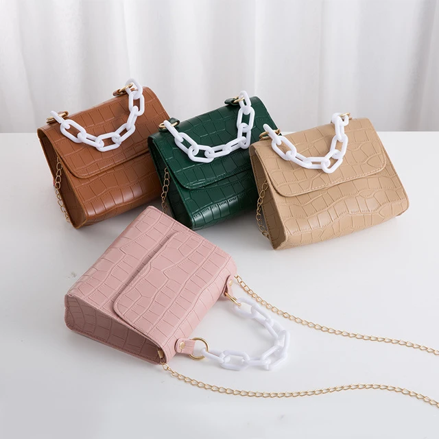 Women's Fashion Chain Purse Crossbody Shoulder Bags -Classic Stone Crocodile Pattern Leather Square Flap Handbag