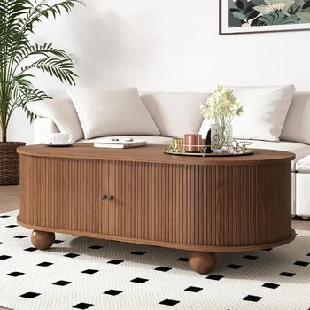 Oval Coffee Table with Storage 47.3 Mid Century Modern Coffee Tables with Sliding Tambour Doors Wood Fluted Accent Center Table 1