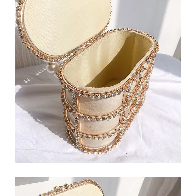 Women's Summer Small Batch High-class Hollow out Pearl Rhinestone Bucket Top-Handle Bag for Ladies