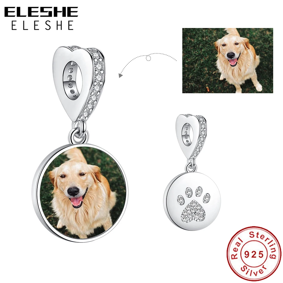 Personalized  DIY Photo Beads 925 Sterling Silver Pet Paw Round Dangle Charm Fit Original Bracelet Necklace Women Fine Jewelry