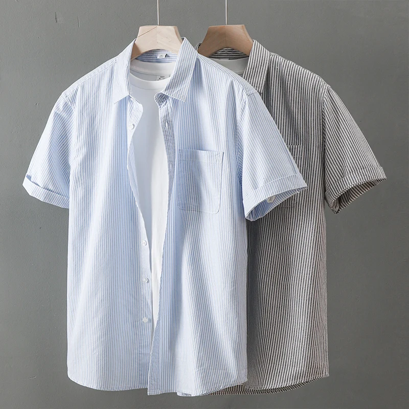 DUKEEN Men Casual Tops Striped Shirt Loose Tops Cotton Short-Sleeved Spring and Summer T-Shirt