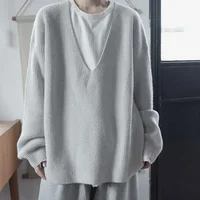 ZZ139 2024 Solid Color Simple Retro Lazy Wind Sweater Autumn and Winter Loose V-neck Versatile Trend Knitted Sweater Top 1