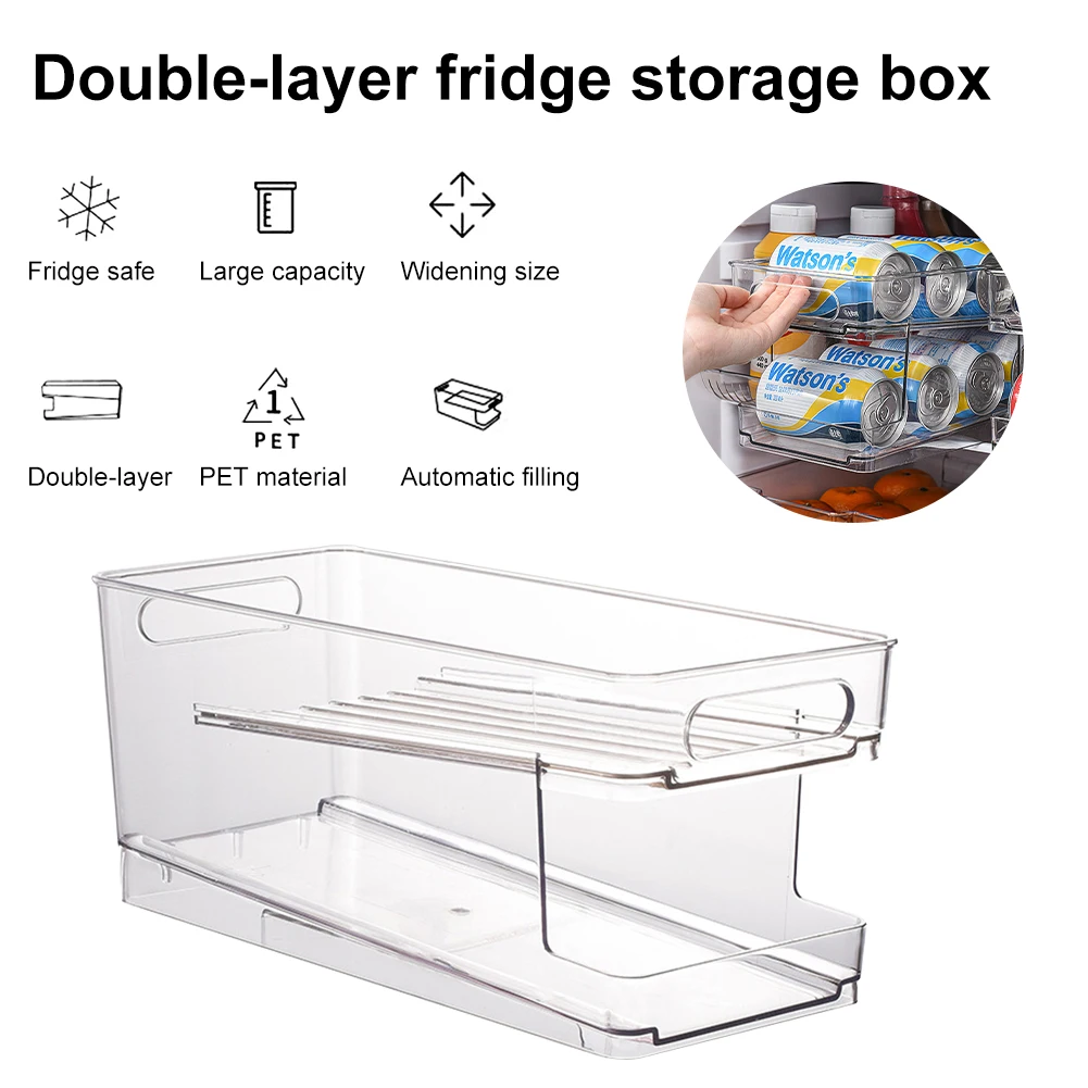 Dublu strat frigider băuturi doze depozitare cutie automată rulantă bere sifon doze raft organizator transparent dozator bin_voghion.com