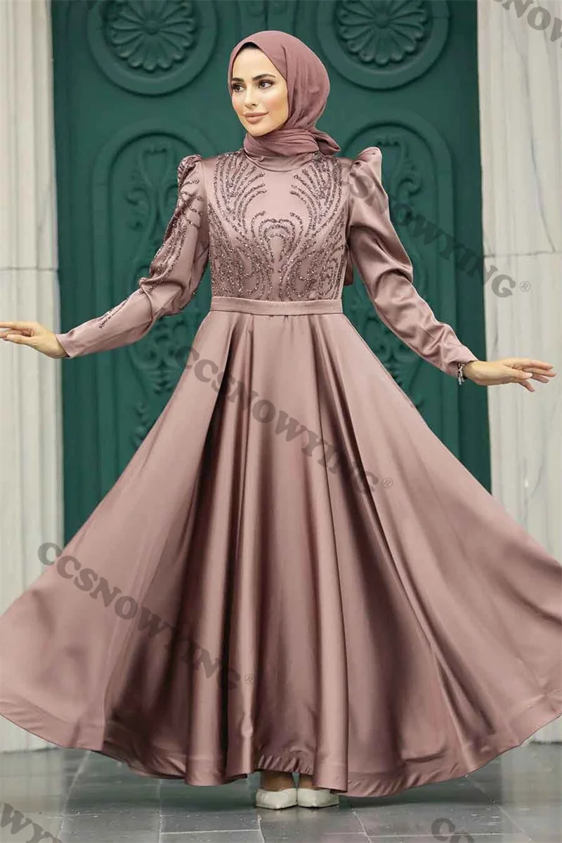 

Long Sleeve Hijab Muslim Evening Dresses Islamic Satin Appliques Beaded Formal Party Gown Women Arabic Dubai Robes De Soirée