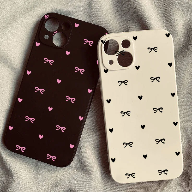 Korean Cute Pink Bow Love Heart Soft Silicone Square Phone Case