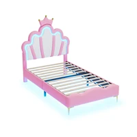 Lit pour enfants Superaly 90x200cm, lit de princesse avec tête de lit en forme de couronne, avec éclairage LED et sommier à lattes, cadre de lit simple 5