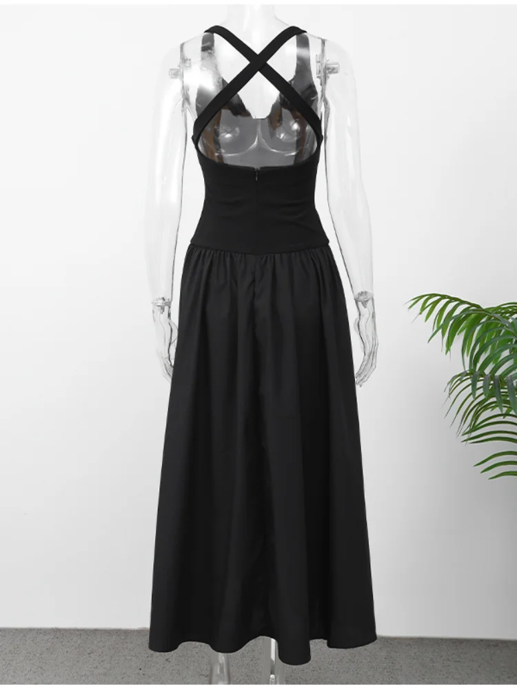 Summer Sexy Black V-neck Sleeveless Backless Maxi Dress Elegant Satin Patchwork Ruched Robes 2025 Lady High Street Dresses 6