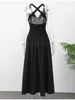 Summer Sexy Black V-neck Sleeveless Backless Maxi Dress Elegant Satin Patchwork Ruched Robes 2025 Lady High Street Dresses 6