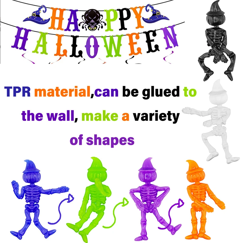 12/24Pcs Halloween TPR Stretchy Pumpkin Skeleton Funny Stress Relief Sticky Toys Kids Halloween Party Favors Treat or Trick Gift