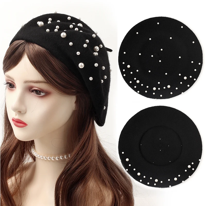 Women Elegant Pearl Beret Hat Fashion Cashmere Autumn Winter Retro Girl Berets French Artist Flat Fashion Lady Vintage Cap