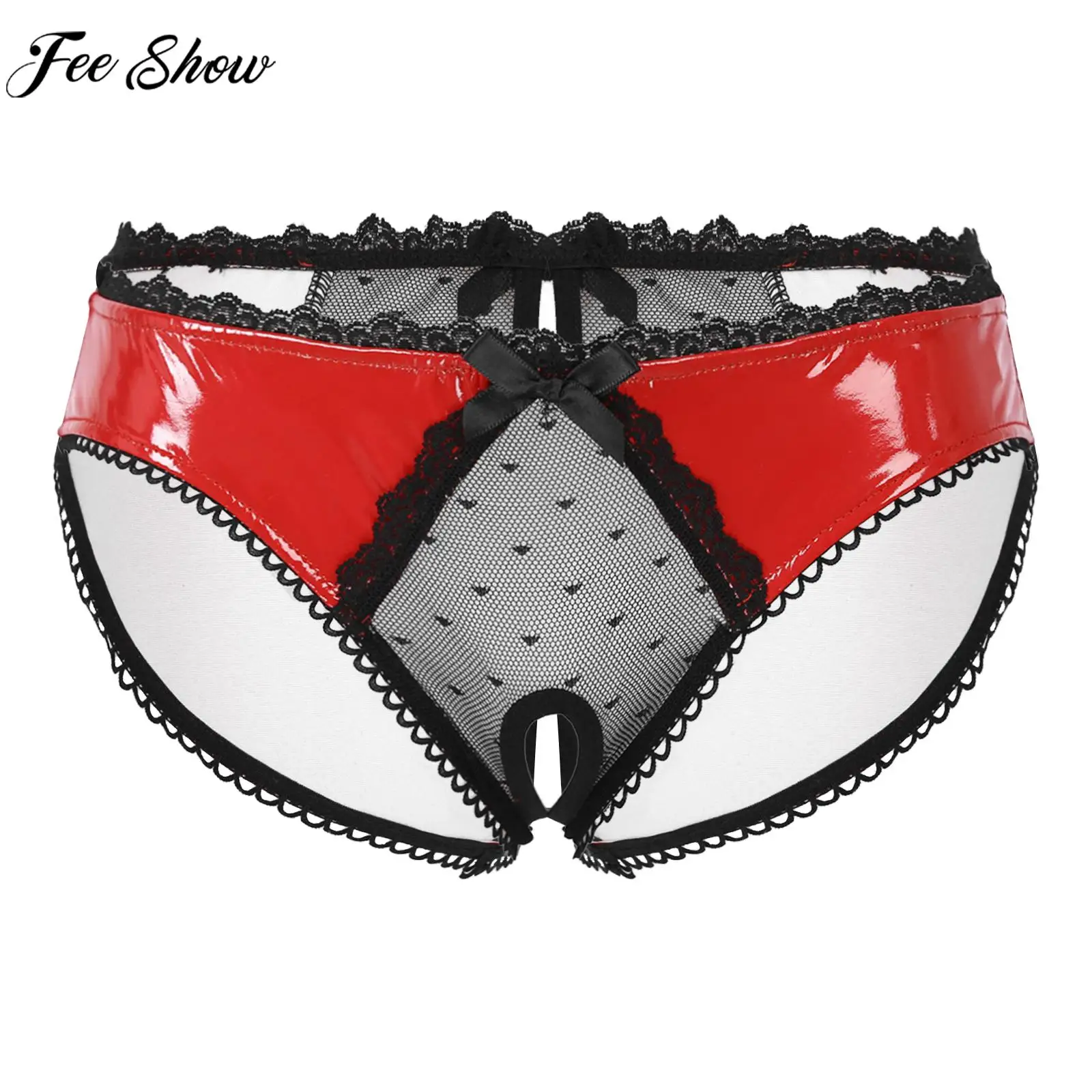 

Women Sexy Crotchless Briefs Underpants Hollow Out Lace Sheer Patent Leather Thong Lingerie Bowknot Low Waist Panties Nightwear