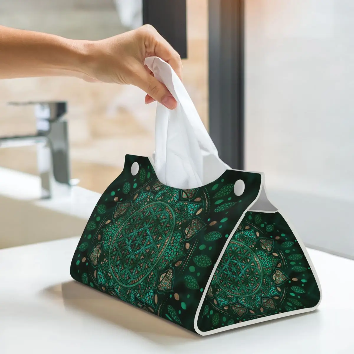 Custom Flower Of Life Dot Art Facial Tissue Box Cover Rectangular Mandala Geometric Pattern PU Leather Tissue Box Holder for Car 6