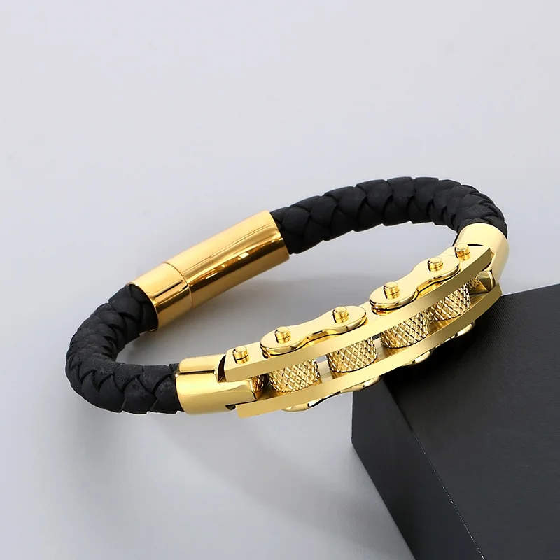 Vintage Stainless Steel Bicycle Chain Bracelet for Men Punk Woven Charm Leather Bracelet Gift Trend Party Jewelry