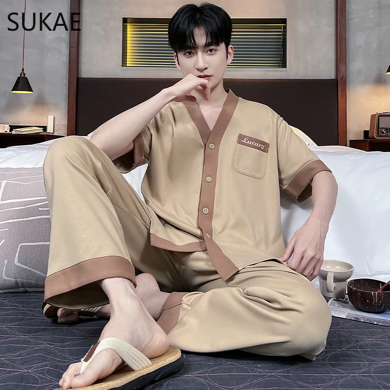 남성 잠옷 인조 면 봄 여름 V 넥 일본 기모노 스타일 패션 홈 의류 반팔 긴 바지 Loungewear