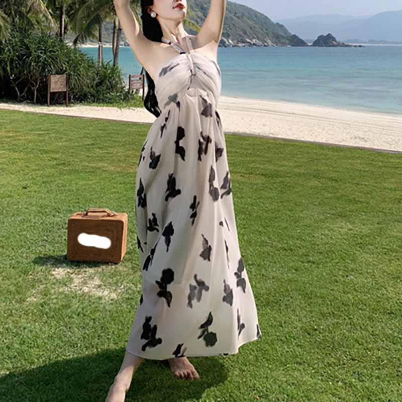 

Summer Vintage Print Elegant Dresses Women's Sleeveless High Waist Fashion Party Suspenders Dress Holiday Big Hem Dress 2024 New