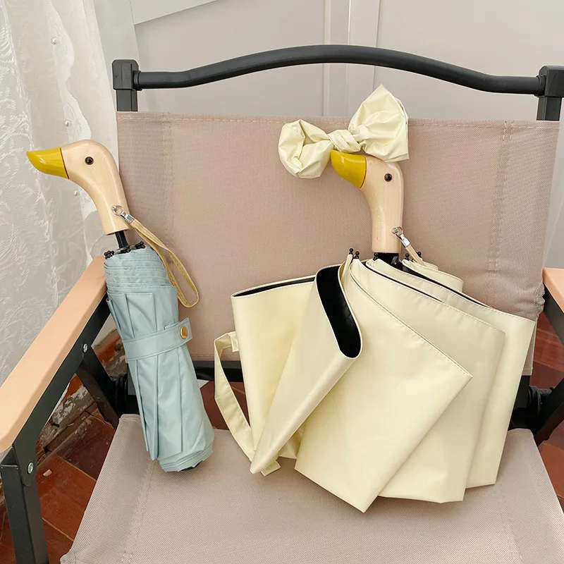 Cute Duck Handle Umbrella Women's Foldable Vinyl Parasol Sun Protection Ultraviolet Sun Umbrella Rain Shine