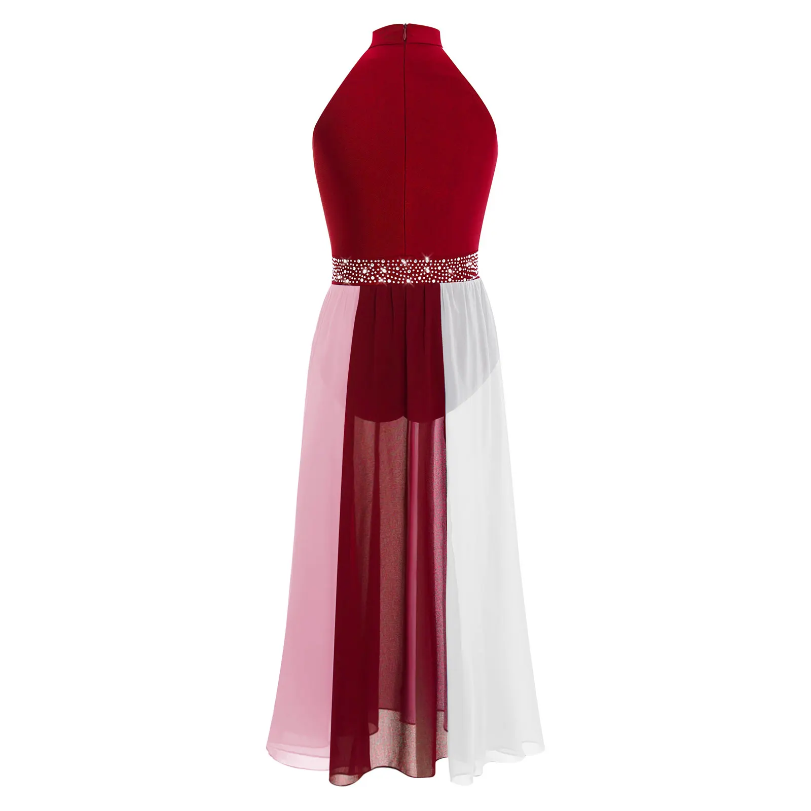 Mädchen Tanzkleid für Lyrischen und Zeitgenössischen Tanz, Ärmellos mit Strass, Seitenschlitz, Chiffon Eiskunstlauf Ballett Gymnastik Trikot – Detail 10