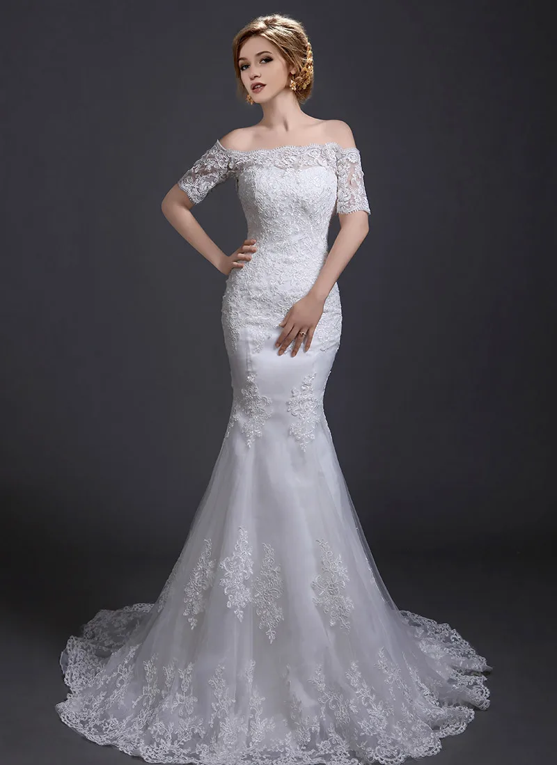 

SF1888 New Arrival Strapless Off The Shoulder 2015 Short Sleeve Wedding Dress Bridal Gown Lace Appliques Mermaid Wedding Dress