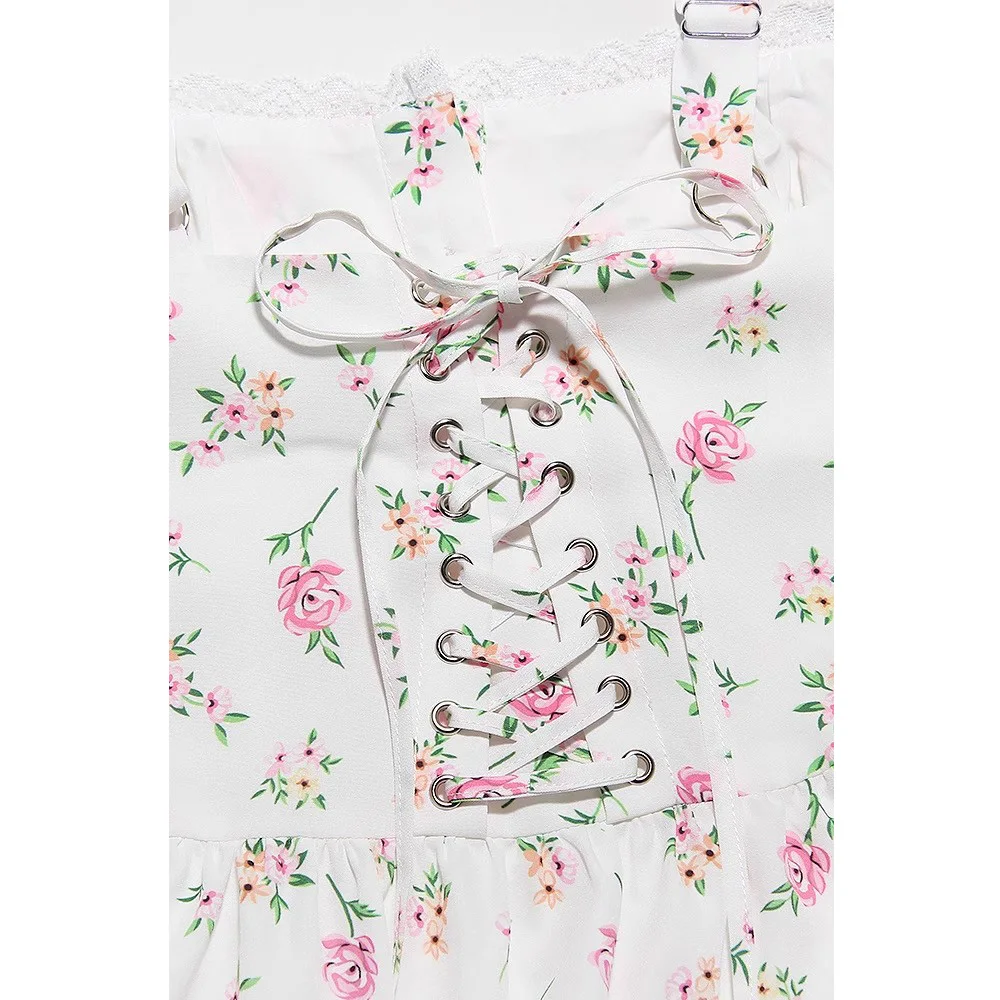 

French floral halter dress women waisted thin holiday style square neck small fresh pure desire mid-length dresses