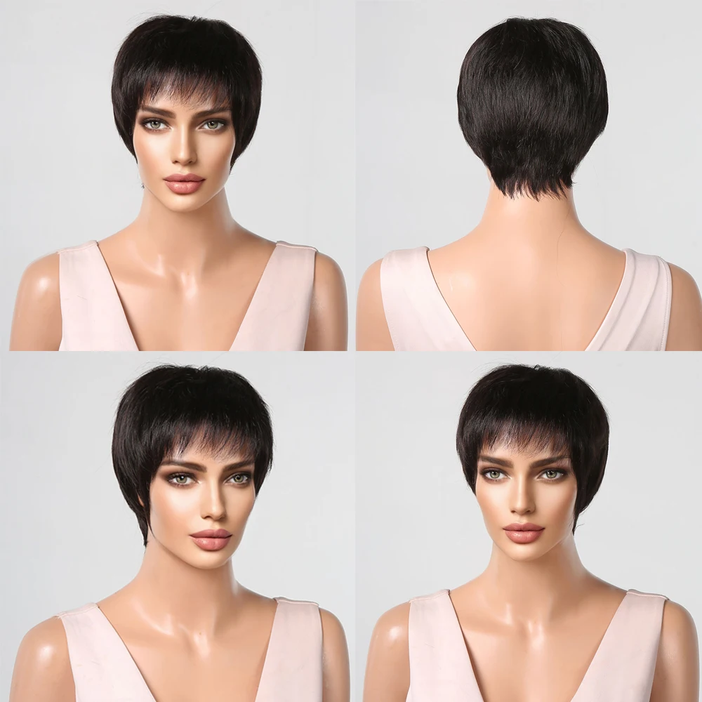 Human Hair Wigs Short Straight Real Human Hair Wig For Women Pixie Cut Bob Dark Brown Black Wigs With Bangs Layered Natural Color Remy Hair