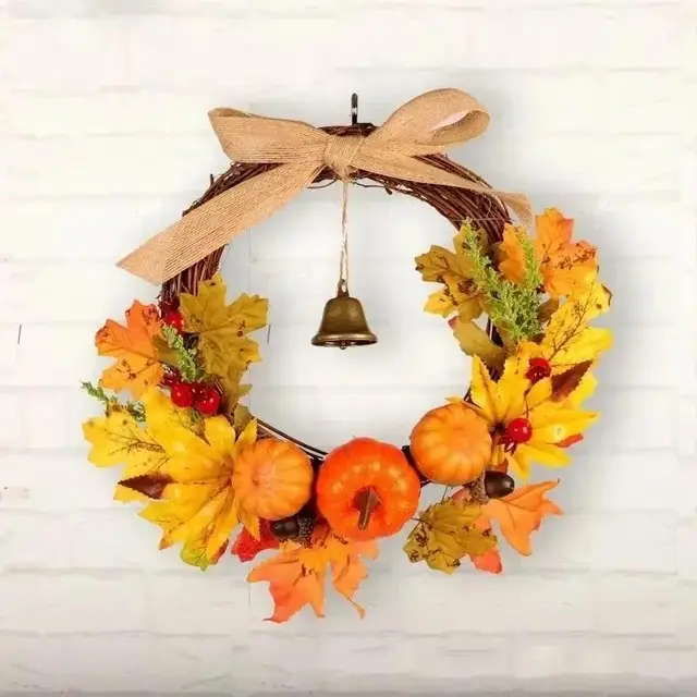 Door Wreath Thanksgiving Halloween Maple Leaf Pumpkin Bell Door Hanging Festival Decoration Warm Wind Ringtone Home Craft 2
