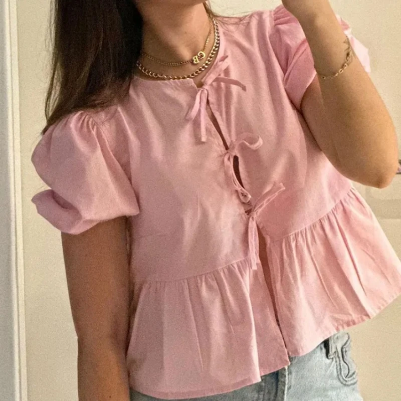 2024 New Summer Streetwear Fashion Blouses Round Necked Bubble Sleeves with Hollowed Out Hem Pleated Lace Up Women's Shirt Top